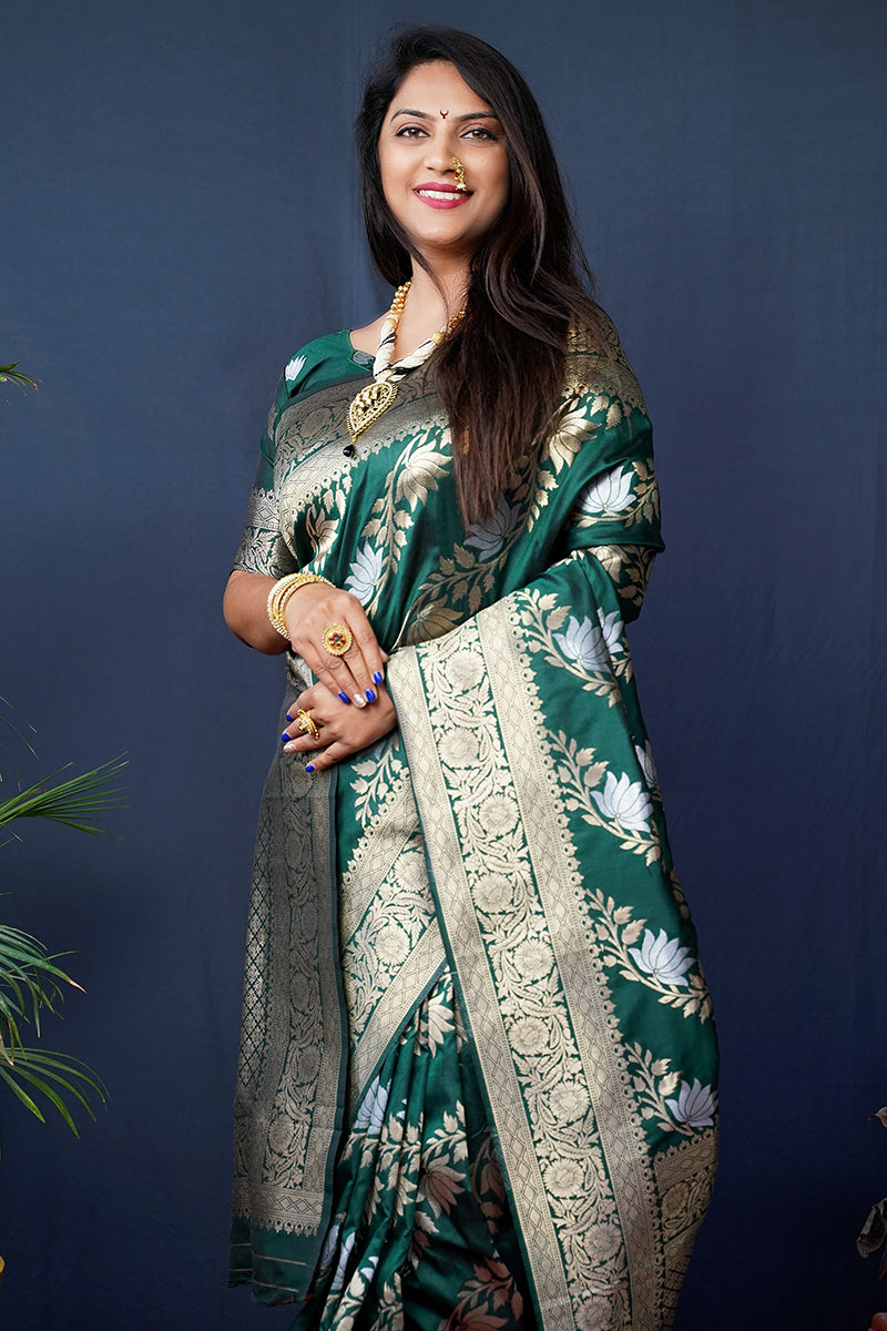 Monjolika Fashion Dark Green Woven Banarasi Silk Blend Saree With Blouse | Grocsy