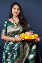 Monjolika Fashion Dark Green Woven Banarasi Silk Blend Saree With Blouse | Grocsy