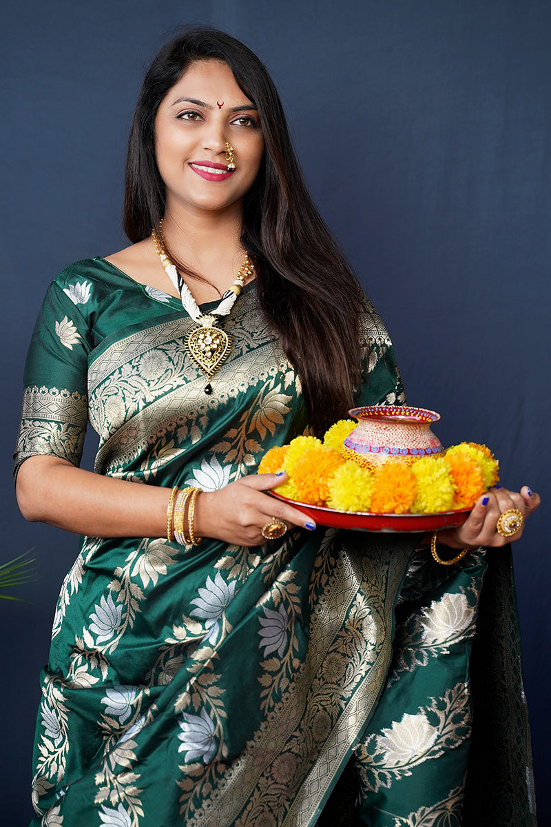 Monjolika Fashion Dark Green Woven Banarasi Silk Blend Saree With Blouse | Grocsy