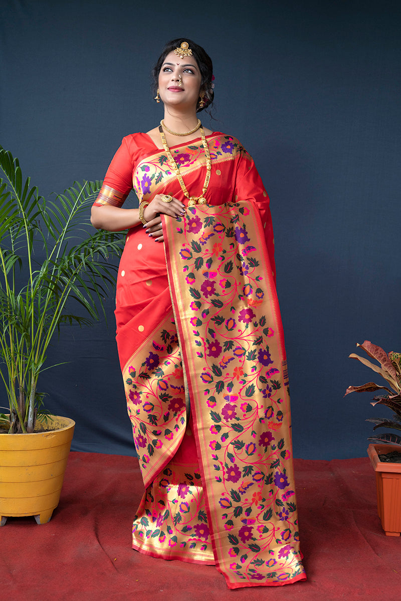 Monjolika Fashion Red Zari Woven Paithani Silk Blend Saree With Blouse | Grocsy
