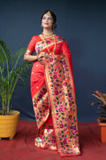 Monjolika Fashion Red Zari Woven Paithani Silk Blend Saree With Blouse | Grocsy
