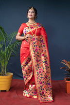Monjolika Fashion Red Zari Woven Paithani Silk Blend Saree With Blouse | Grocsy