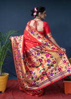 Monjolika Fashion Red Zari Woven Paithani Silk Blend Saree With Blouse | Grocsy