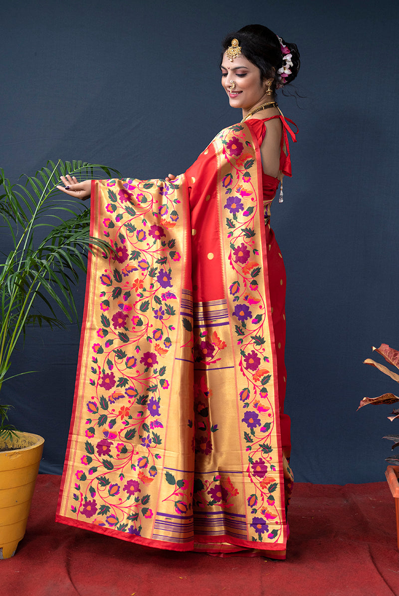 Monjolika Fashion Red Zari Woven Paithani Silk Blend Saree With Blouse | Grocsy