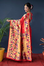 Monjolika Fashion Red Zari Woven Paithani Silk Blend Saree With Blouse | Grocsy