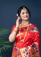 Monjolika Fashion Red Zari Woven Paithani Silk Blend Saree With Blouse | Grocsy