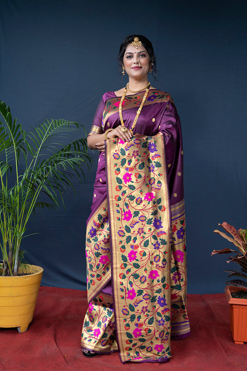 Monjolika Fashion Purple Zari Woven Paithani Silk Blend Saree With Blouse | Grocsy