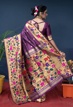 Monjolika Fashion Purple Zari Woven Paithani Silk Blend Saree With Blouse | Grocsy