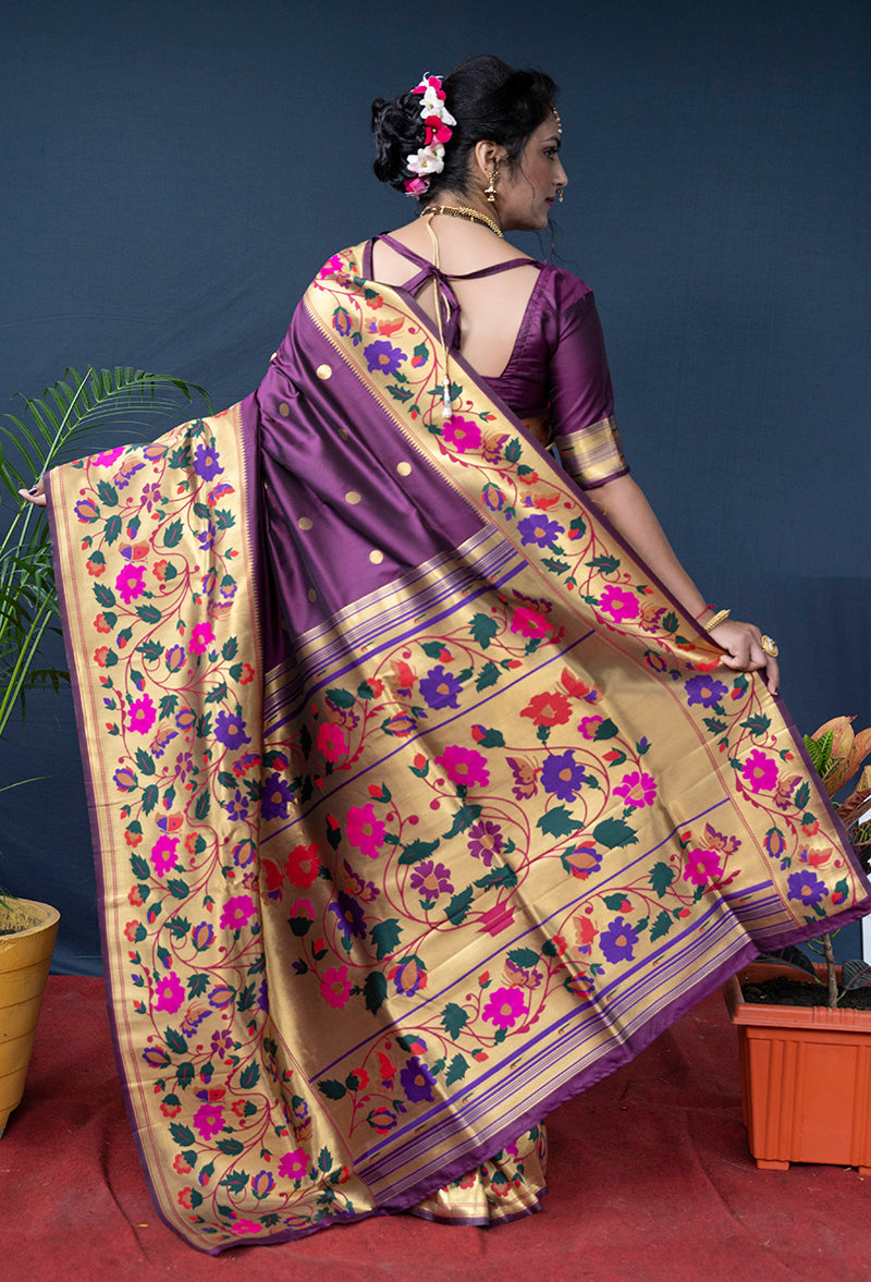 Monjolika Fashion Purple Zari Woven Paithani Silk Blend Saree With Blouse | Grocsy