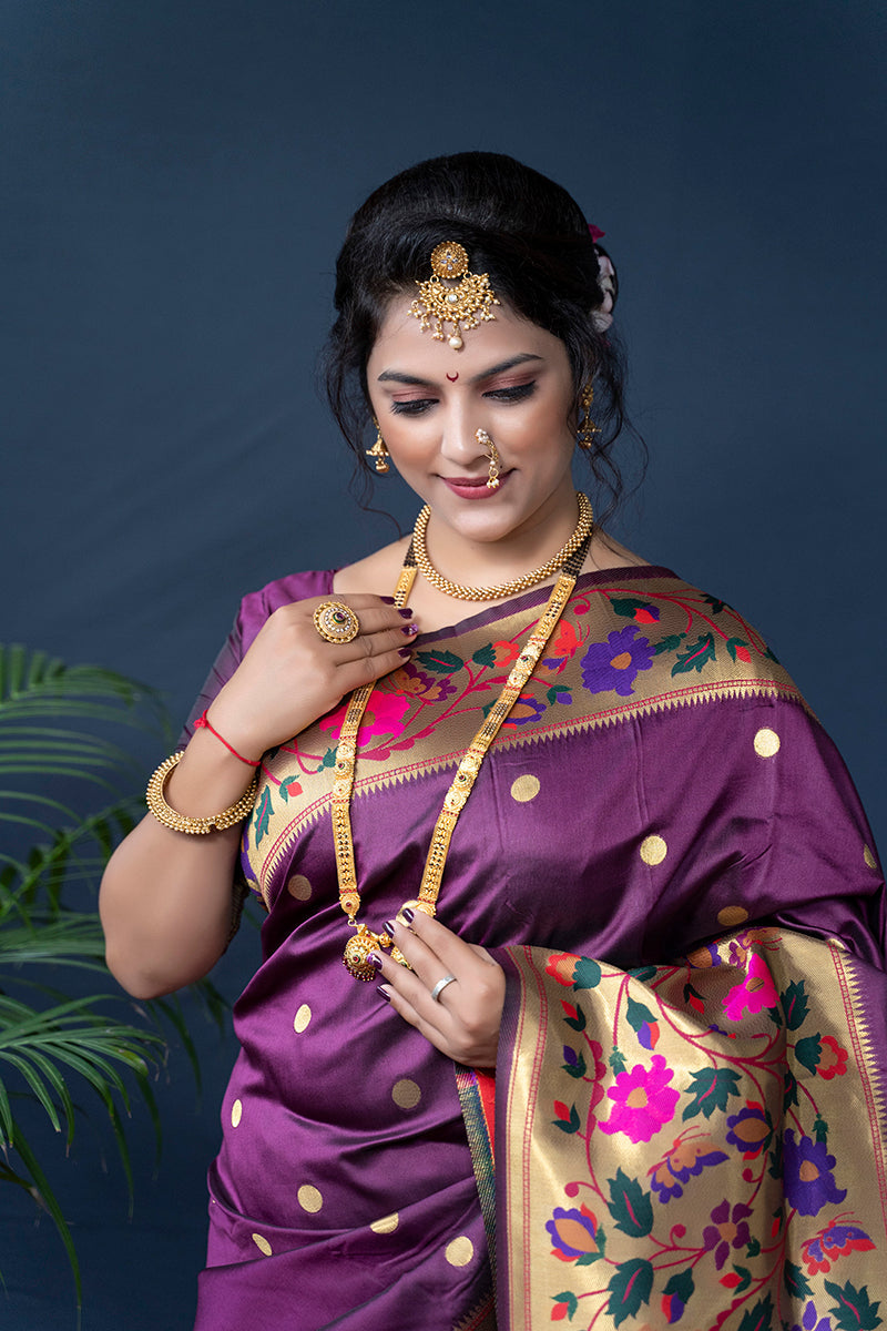 Monjolika Fashion Purple Zari Woven Paithani Silk Blend Saree With Blouse | Grocsy