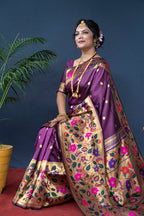 Monjolika Fashion Purple Zari Woven Paithani Silk Blend Saree With Blouse | Grocsy