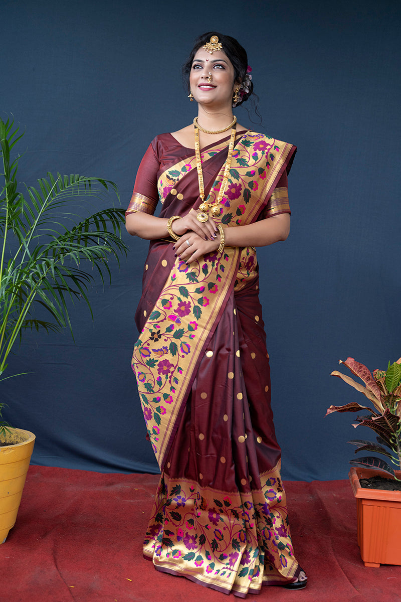 Monjolika Fashion Maroon Zari Woven Paithani Silk Blend Saree With Blouse | Grocsy