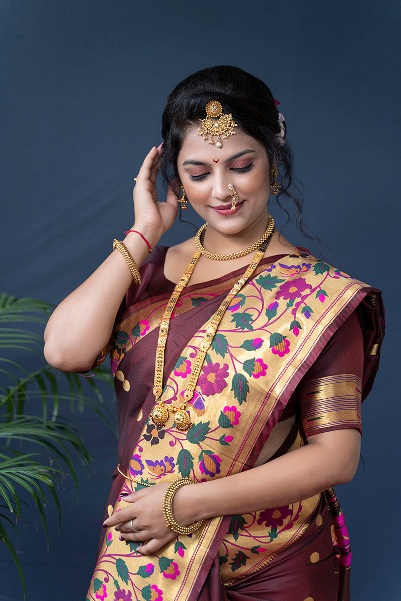 Monjolika Fashion Maroon Zari Woven Paithani Silk Blend Saree With Blouse | Grocsy