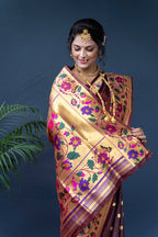 Monjolika Fashion Maroon Zari Woven Paithani Silk Blend Saree With Blouse | Grocsy