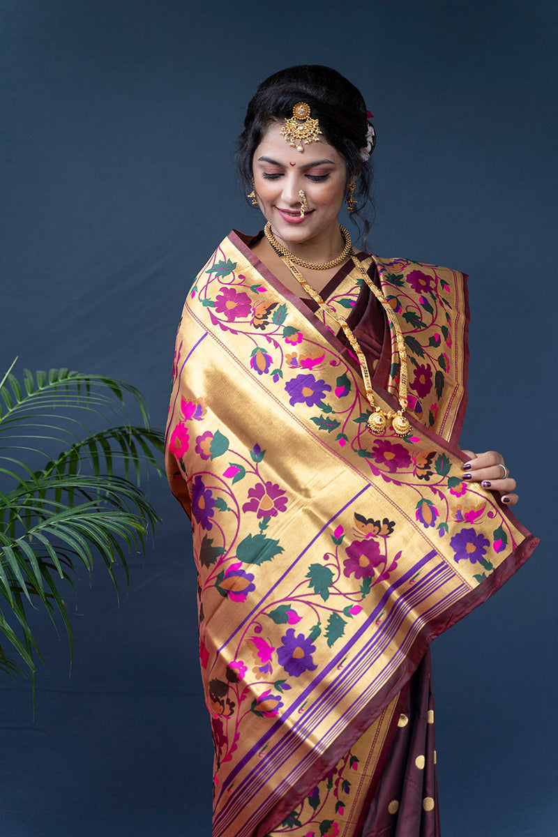 Monjolika Fashion Maroon Zari Woven Paithani Silk Blend Saree With Blouse | Grocsy