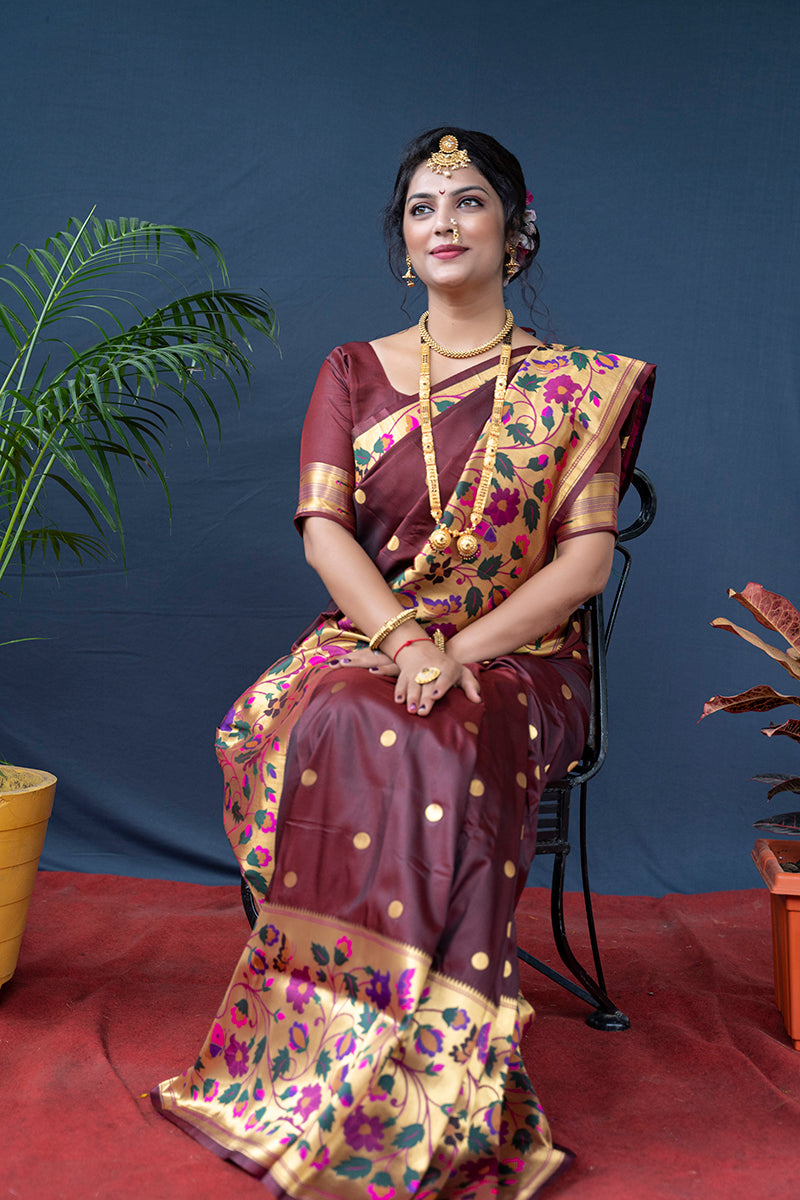 Monjolika Fashion Maroon Zari Woven Paithani Silk Blend Saree With Blouse | Grocsy