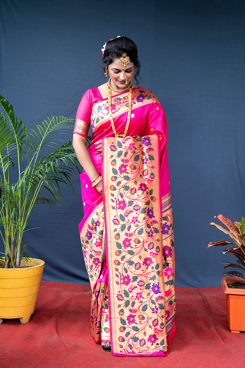 Monjolika Fashion Rani Pink Zari Woven Paithani Silk Blend Saree With Blouse | Grocsy