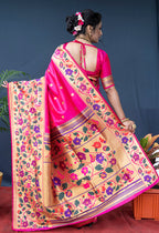 Monjolika Fashion Rani Pink Zari Woven Paithani Silk Blend Saree With Blouse | Grocsy