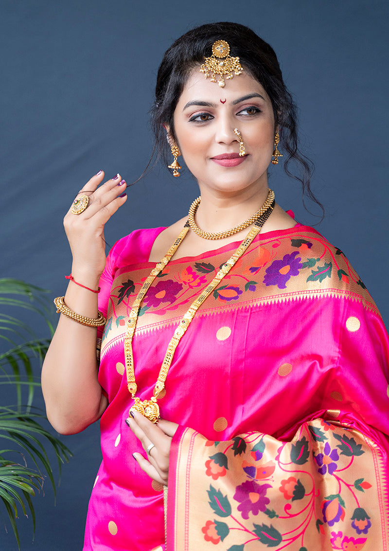 Monjolika Fashion Rani Pink Zari Woven Paithani Silk Blend Saree With Blouse | Grocsy