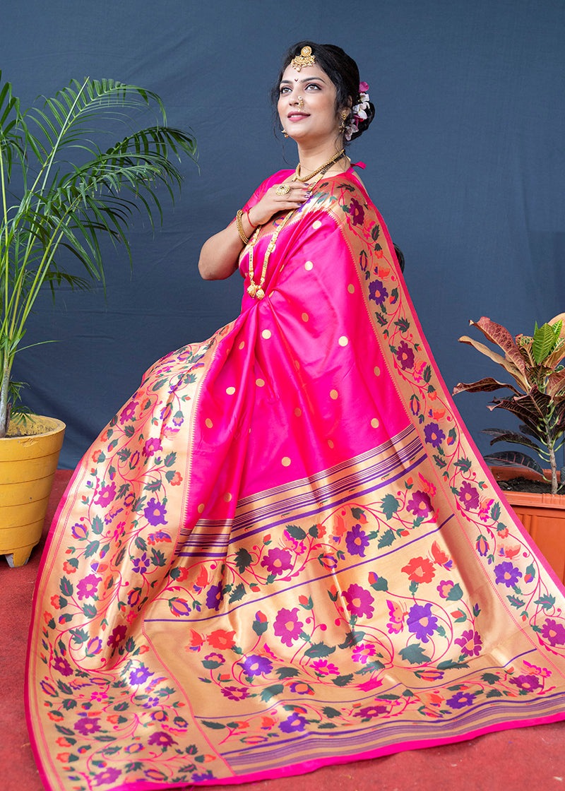 Monjolika Fashion Rani Pink Zari Woven Paithani Silk Blend Saree With Blouse | Grocsy