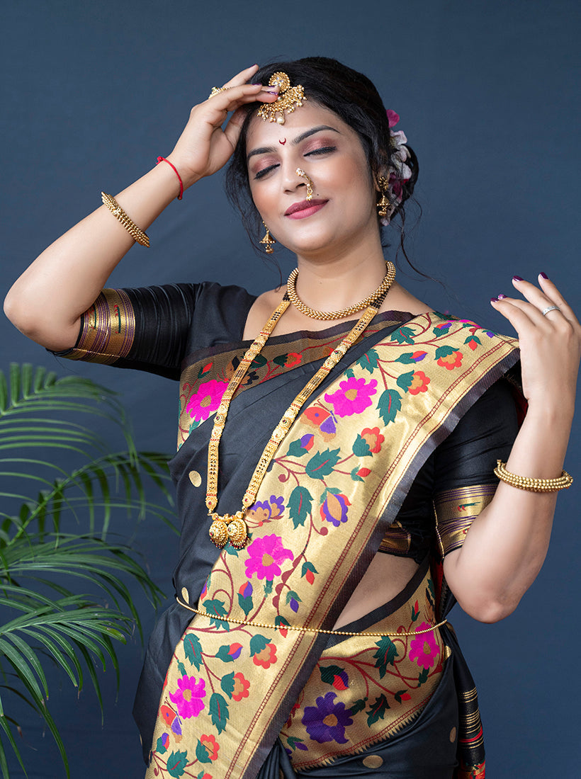Monjolika Fashion Black Zari Woven Paithani Silk Blend Saree With Blouse | Grocsy