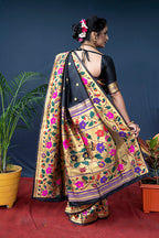 Monjolika Fashion Black Zari Woven Paithani Silk Blend Saree With Blouse | Grocsy