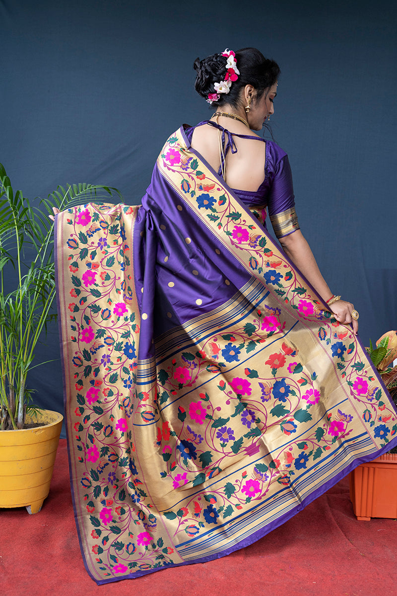 Monjolika Fashion Violet Zari Woven Paithani Silk Blend Saree With Blouse | Grocsy