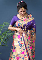 Monjolika Fashion Violet Zari Woven Paithani Silk Blend Saree With Blouse | Grocsy