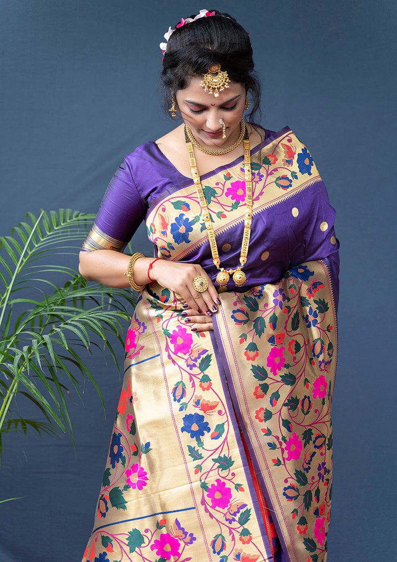 Monjolika Fashion Violet Zari Woven Paithani Silk Blend Saree With Blouse | Grocsy