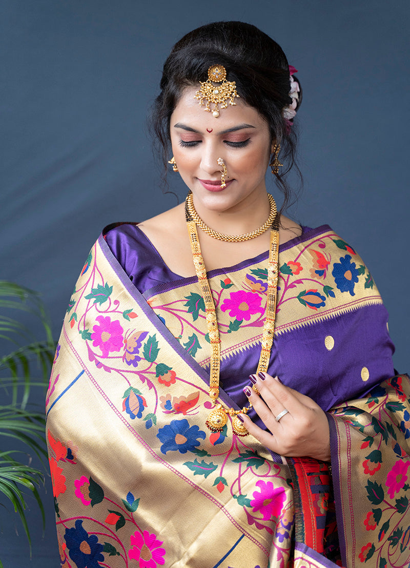 Monjolika Fashion Violet Zari Woven Paithani Silk Blend Saree With Blouse | Grocsy