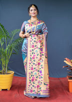 Monjolika Fashion Grey Zari Woven Paithani Silk Blend Saree With Blouse | Grocsy