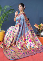 Monjolika Fashion Grey Zari Woven Paithani Silk Blend Saree With Blouse | Grocsy