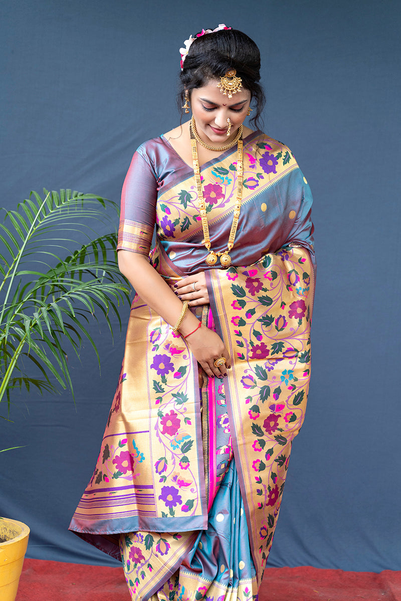 Monjolika Fashion Grey Zari Woven Paithani Silk Blend Saree With Blouse | Grocsy