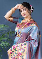 Monjolika Fashion Grey Zari Woven Paithani Silk Blend Saree With Blouse | Grocsy