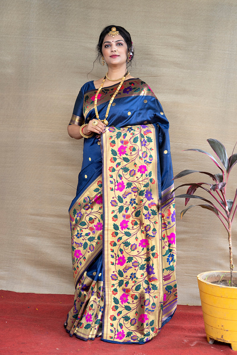 Monjolika Fashion Navy Blue Zari Woven Paithani Silk Blend Saree With Blouse | Grocsy