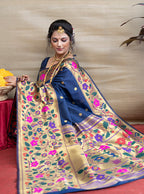 Monjolika Fashion Navy Blue Zari Woven Paithani Silk Blend Saree With Blouse | Grocsy