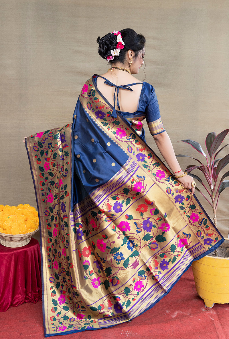 Monjolika Fashion Navy Blue Zari Woven Paithani Silk Blend Saree With Blouse | Grocsy