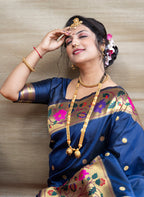Monjolika Fashion Navy Blue Zari Woven Paithani Silk Blend Saree With Blouse | Grocsy