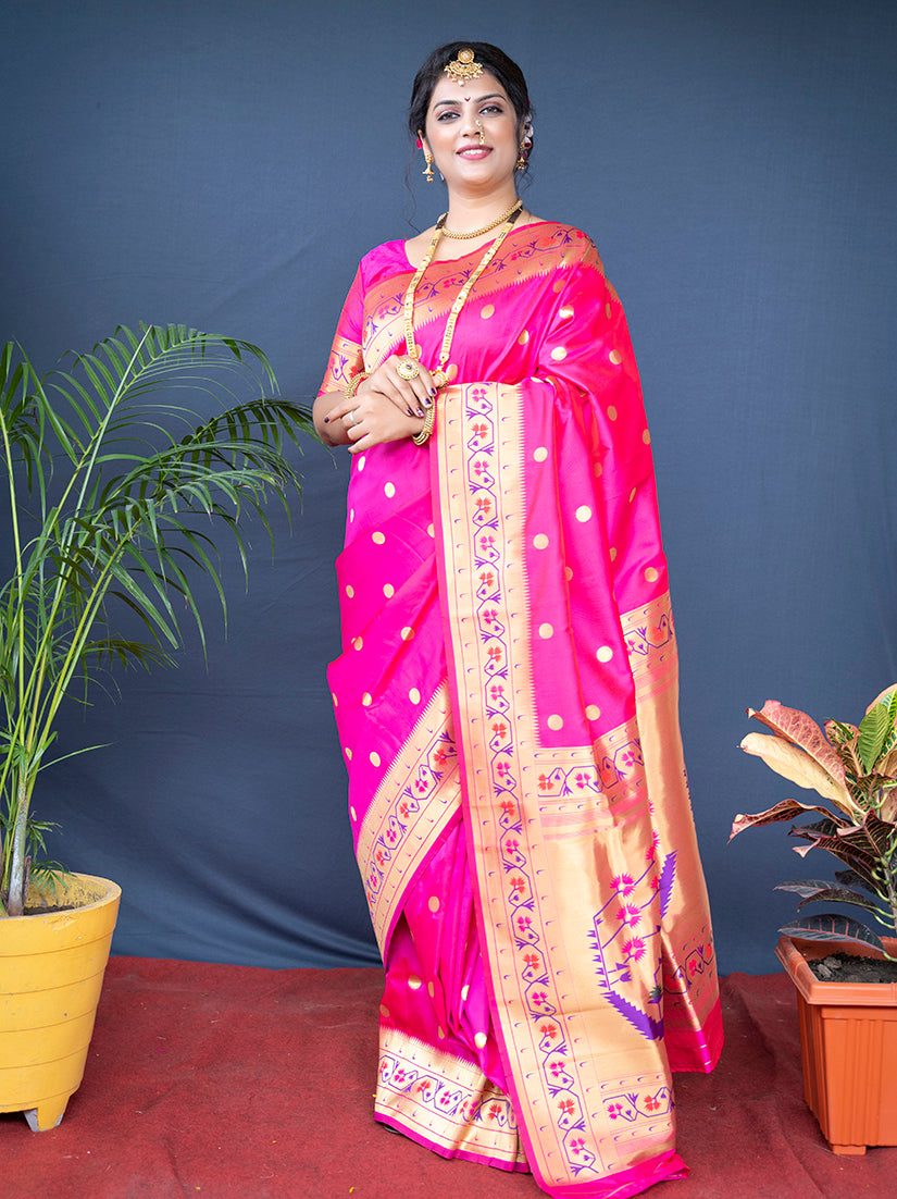 Monjolika Fashion Rani Pink Zari Woven Paithani Silk Blend Saree With Blouse | Grocsy