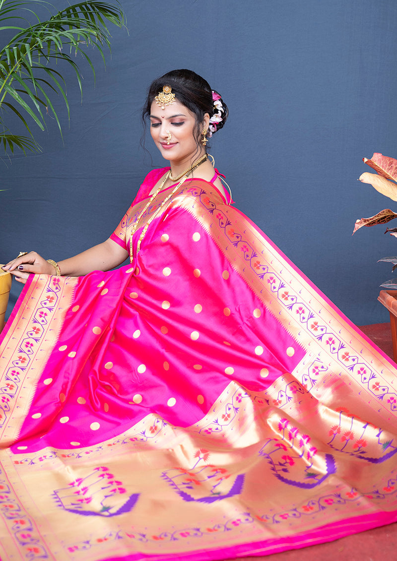 Monjolika Fashion Rani Pink Zari Woven Paithani Silk Blend Saree With Blouse | Grocsy
