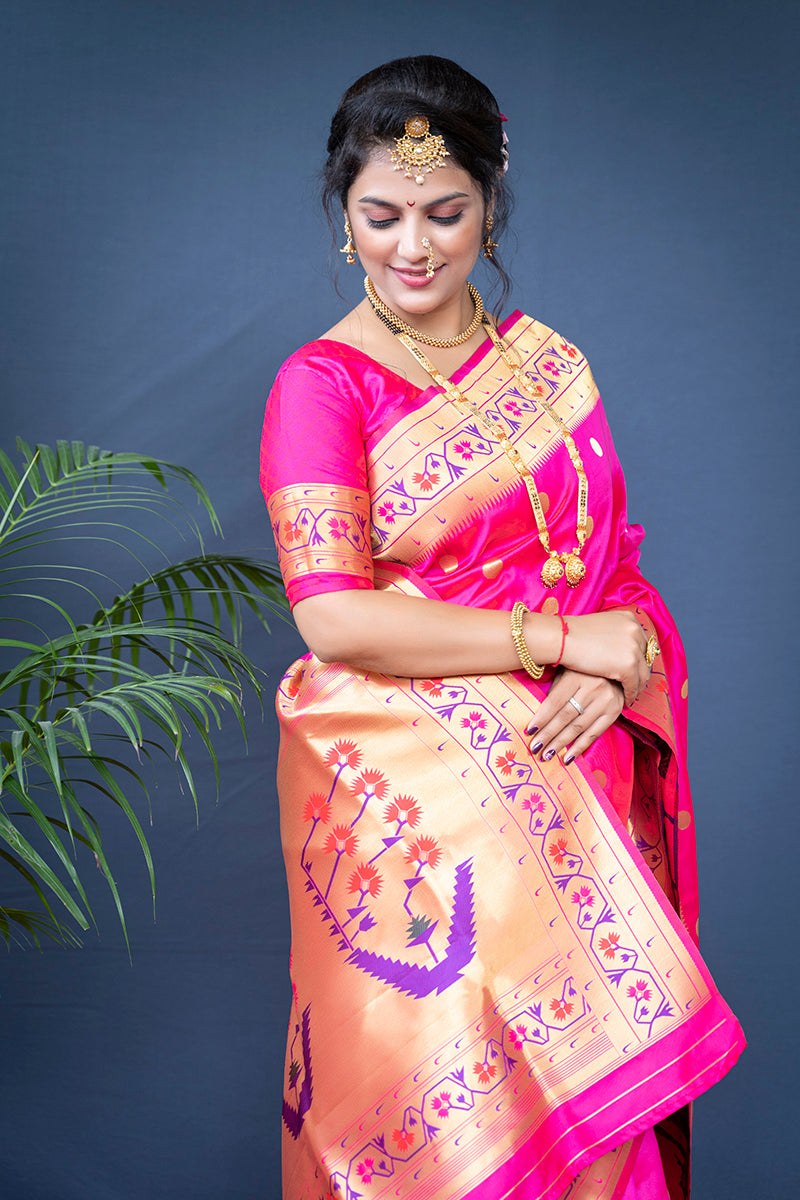 Monjolika Fashion Rani Pink Zari Woven Paithani Silk Blend Saree With Blouse | Grocsy