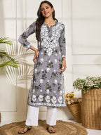 HOUSE OF KARI Floral Embroidered Chikankari Cotton Straight Kurta | Grocsy