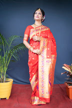 Monjolika Fashion Red Zari Woven Paithani Silk Blend Saree With Blouse | Grocsy