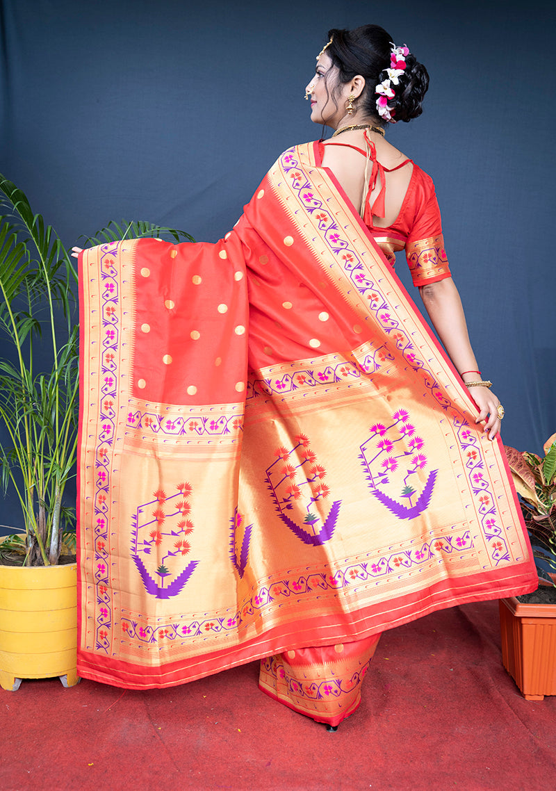 Monjolika Fashion Red Zari Woven Paithani Silk Blend Saree With Blouse | Grocsy