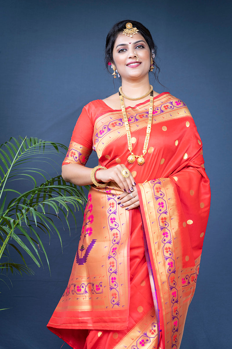 Monjolika Fashion Red Zari Woven Paithani Silk Blend Saree With Blouse | Grocsy