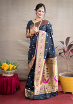 Monjolika Fashion Black Zari Woven Paithani Silk Blend Saree With Blouse | Grocsy