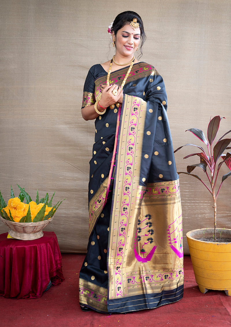 Monjolika Fashion Black Zari Woven Paithani Silk Blend Saree With Blouse | Grocsy