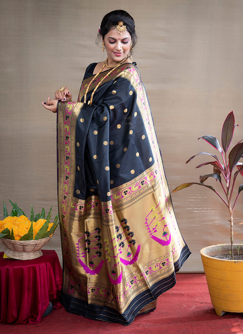 Monjolika Fashion Black Zari Woven Paithani Silk Blend Saree With Blouse | Grocsy