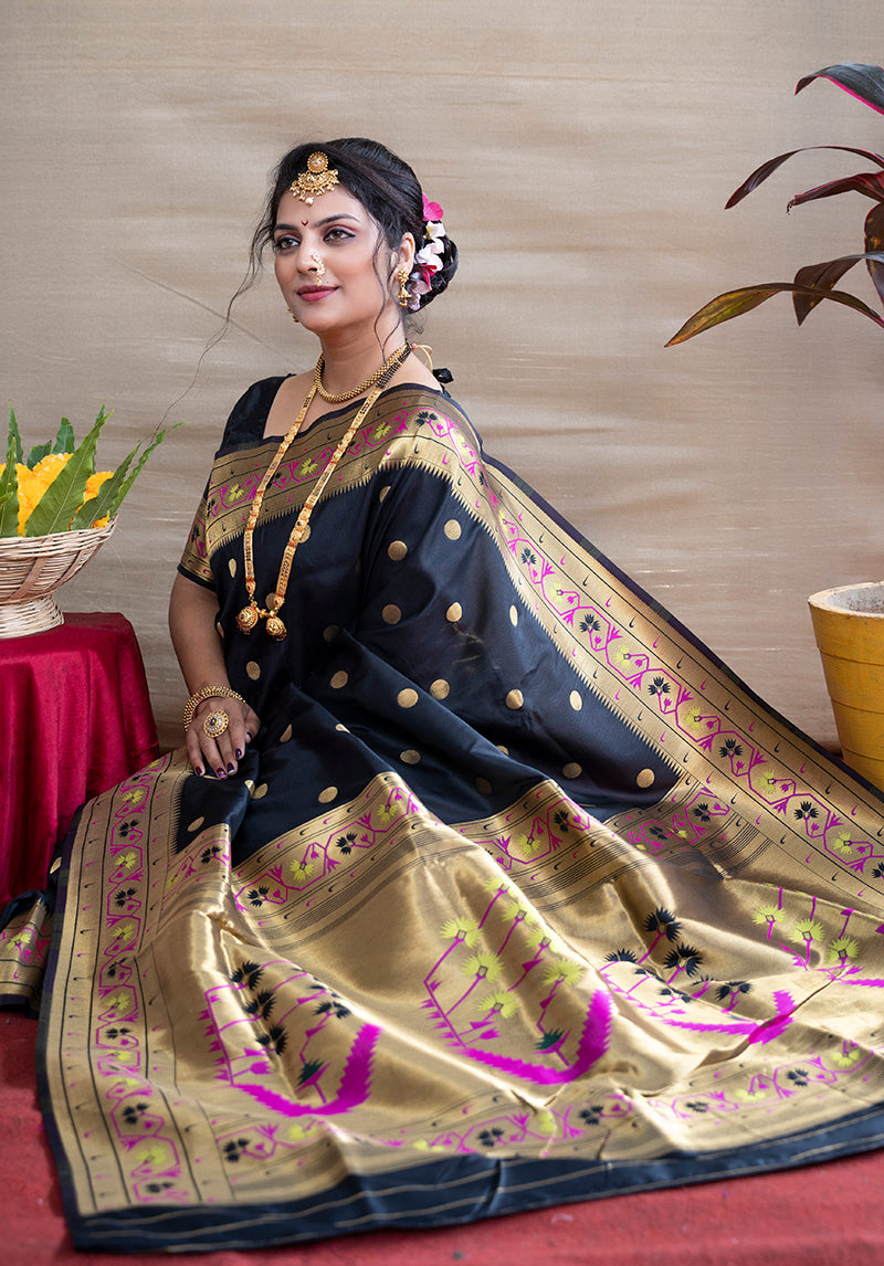 Monjolika Fashion Black Zari Woven Paithani Silk Blend Saree With Blouse | Grocsy