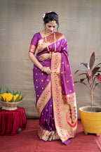 Monjolika Fashion Purple Zari Woven Paithani Silk Blend Saree With Blouse | Grocsy